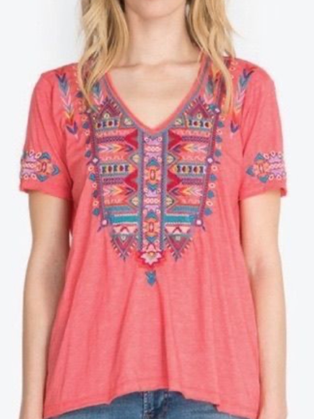 Johnny Was Coral Embroidered V-Neck Top. Size medium. Beautiful